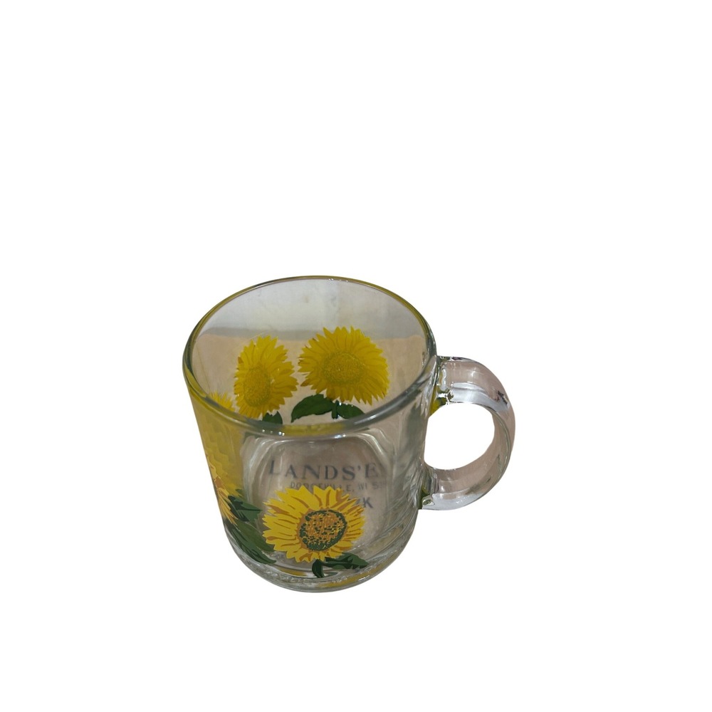 Lands'‎ End Coffee Mug 12oz Clear Glass Yellow Sunflower Floral Print USA Libbey